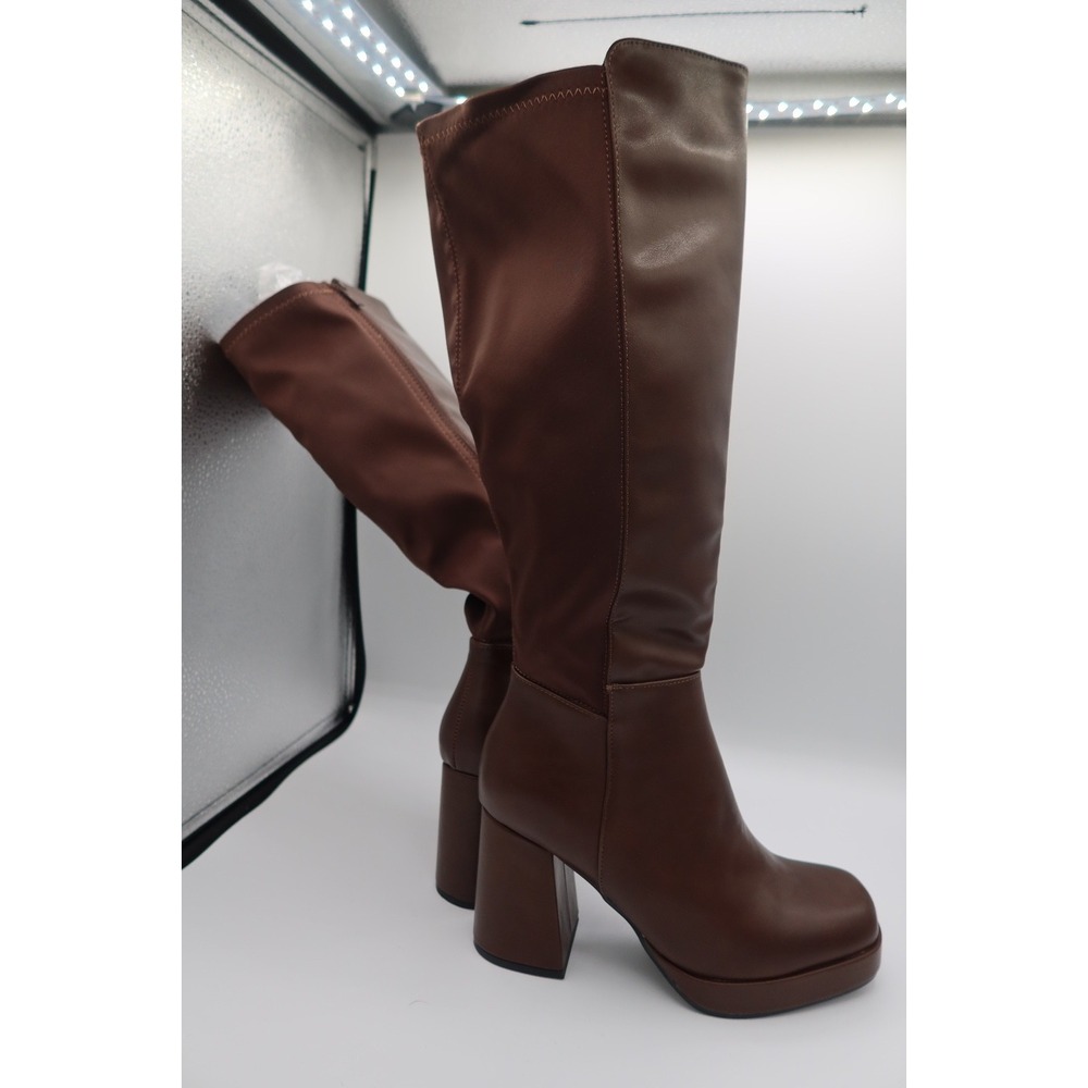 Top Moda Brown Knee High Platform Boots Chunky Heel Y2K Size 8.5 - Picture 3 of 5